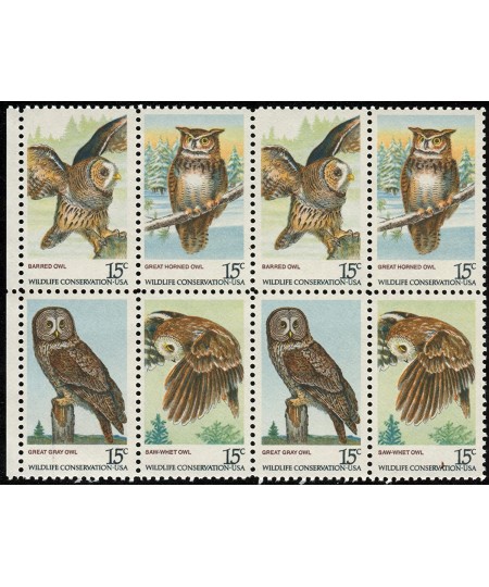 AMERICAN OWLS ~ BIRDS OF PREY ~ GREAT GREY OWL SAW-WHET OWL BARRED OWL GREAT HORNED OWL 1763a Block of 8 x 15 US Postage Stam...