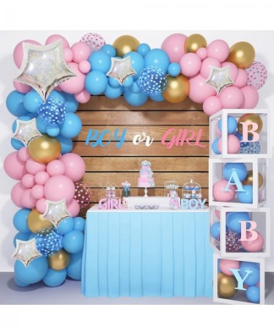 136PCS Baby Boxes Gender Reveal Balloon Decorations Pink and Blue Balloon Arch Garland Kit 4pcs Baby Boxes with Letters (A-Z+...