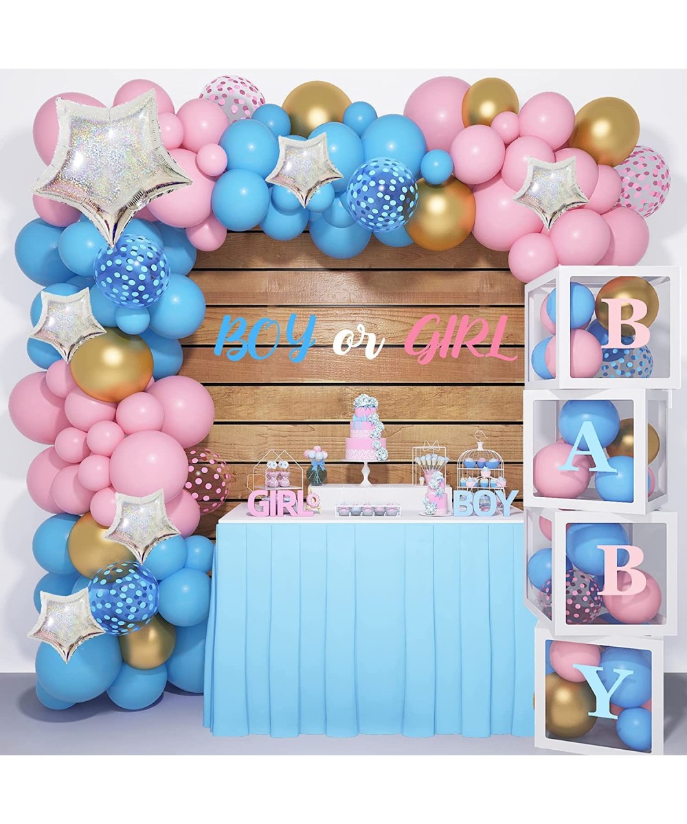 136PCS Baby Boxes Gender Reveal Balloon Decorations Pink and Blue Balloon Arch Garland Kit 4pcs Baby Boxes with Letters (A-Z+...