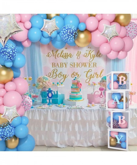 136PCS Baby Boxes Gender Reveal Balloon Decorations Pink and Blue Balloon Arch Garland Kit 4pcs Baby Boxes with Letters (A-Z+...