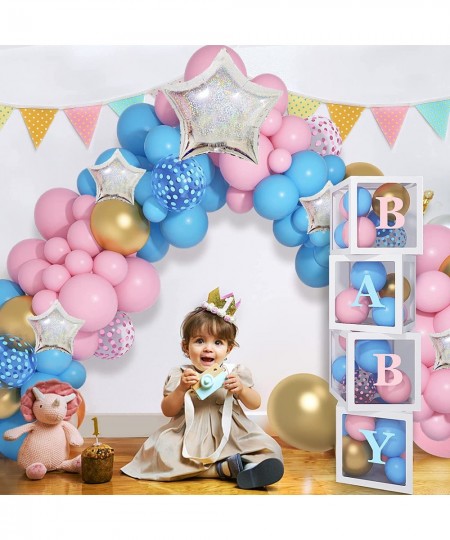 136PCS Baby Boxes Gender Reveal Balloon Decorations Pink and Blue Balloon Arch Garland Kit 4pcs Baby Boxes with Letters (A-Z+...