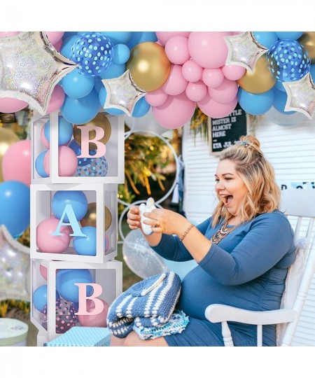 136PCS Baby Boxes Gender Reveal Balloon Decorations Pink and Blue Balloon Arch Garland Kit 4pcs Baby Boxes with Letters (A-Z+...