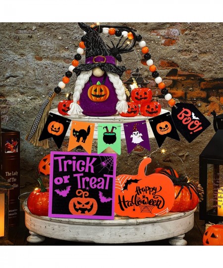 12 Pcs Halloween Tiered Tray Decor Including Trick or Treat Table Signs Plush Gnomes Dolls Rustic Pumpkin Wooden Centerpieces...