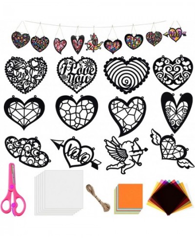 12 Pieces Suncatcher Kit for Kids Large Size Valentine's Day Heart Paper Window Stained Glass Effect Paper Suncatchers with 1...