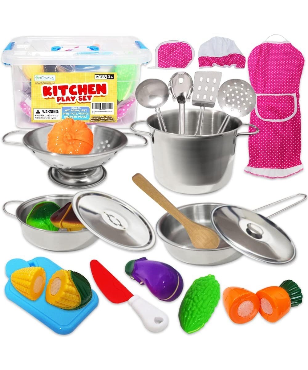 Pretend Play Kitchen Set for Kids 23-Piece Kids’ Kitchen Playset with Pots Pans Chef Hat Apron Utensils Knife Toy Pretend Pla...