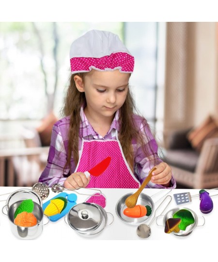 Pretend Play Kitchen Set for Kids 23-Piece Kids’ Kitchen Playset with Pots Pans Chef Hat Apron Utensils Knife Toy Pretend Pla...