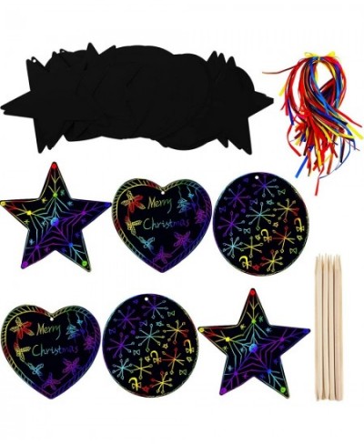 60 Pieces Christmas Scratch Ornaments Paper Round Star Heart Rainbow Art Colorful Scratch Off with 60 Pieces Ribbons and 10 P...