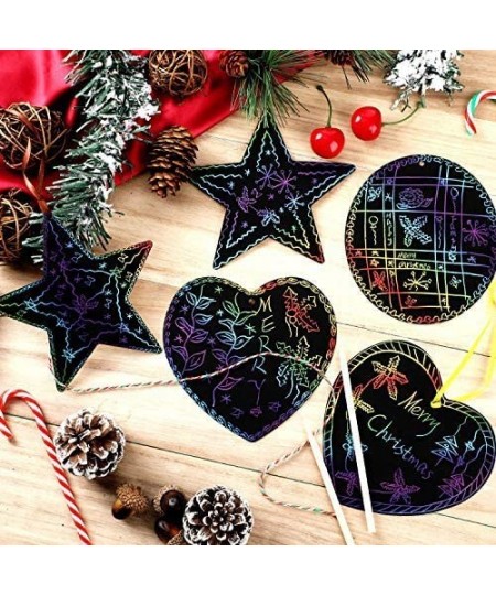 60 Pieces Christmas Scratch Ornaments Paper Round Star Heart Rainbow Art Colorful Scratch Off with 60 Pieces Ribbons and 10 P...