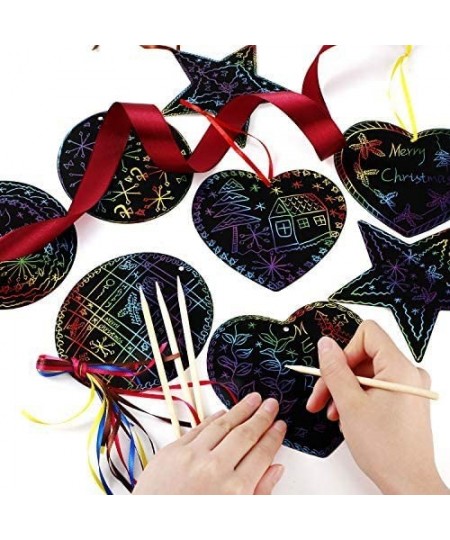 60 Pieces Christmas Scratch Ornaments Paper Round Star Heart Rainbow Art Colorful Scratch Off with 60 Pieces Ribbons and 10 P...