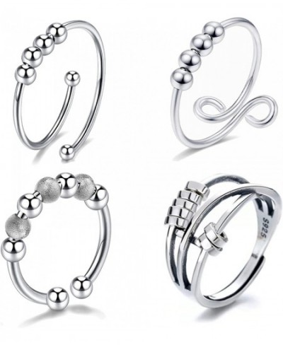 4 PCS Silver Anti Anxiety Ring for Women Men Fidget beads Rings for Anxiety Worry Rings Adjustable Spinner Stress Relief Ring...