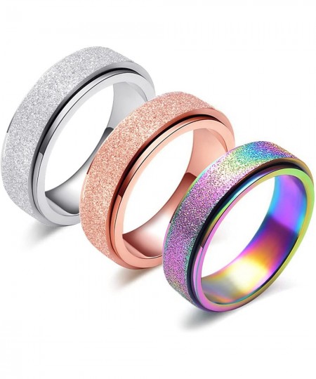 Spinner Ring for Women Anxiety Relief - 3Pcs 6MM Stainless Steel Sand Blast Glitter Finish Rose Gold Silver Rainbow Color Fid...