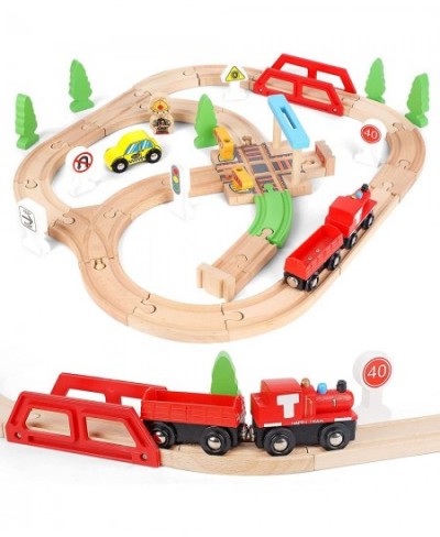 Wooden Train Set 40 PCS Kids Train Set with 3 Cars Wood Train Tracks Toy Fits Thomas Brio Melisa Train Track Set for Toddlers...