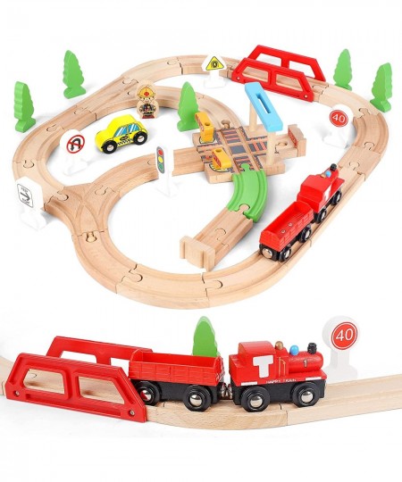 Wooden Train Set 40 PCS Kids Train Set with 3 Cars Wood Train Tracks Toy Fits Thomas Brio Melisa Train Track Set for Toddlers...