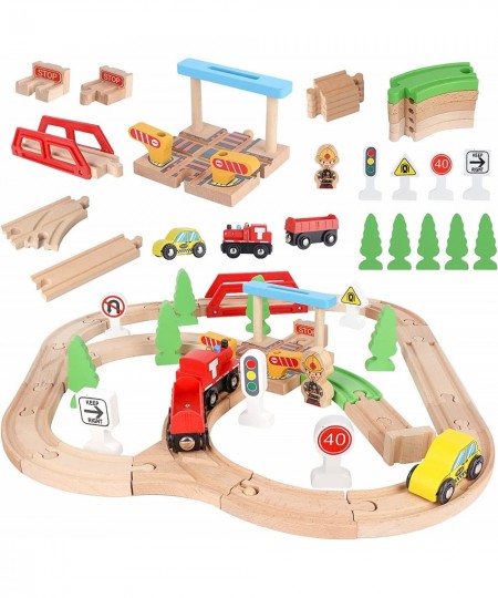 Wooden Train Set 40 PCS Kids Train Set with 3 Cars Wood Train Tracks Toy Fits Thomas Brio Melisa Train Track Set for Toddlers...