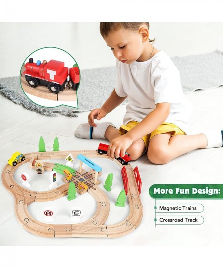 Wooden Train Set 40 PCS Kids Train Set with 3 Cars Wood Train Tracks Toy Fits Thomas Brio Melisa Train Track Set for Toddlers...