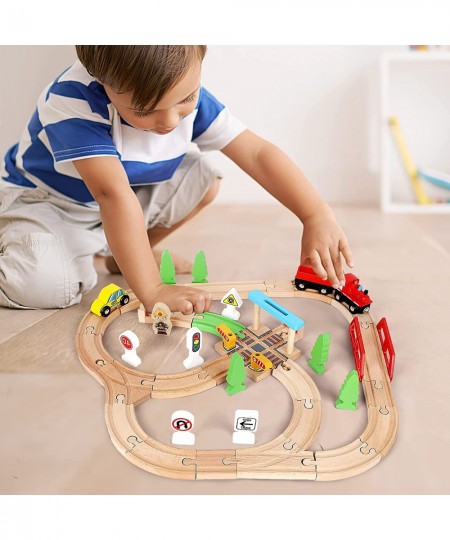 Wooden Train Set 40 PCS Kids Train Set with 3 Cars Wood Train Tracks Toy Fits Thomas Brio Melisa Train Track Set for Toddlers...