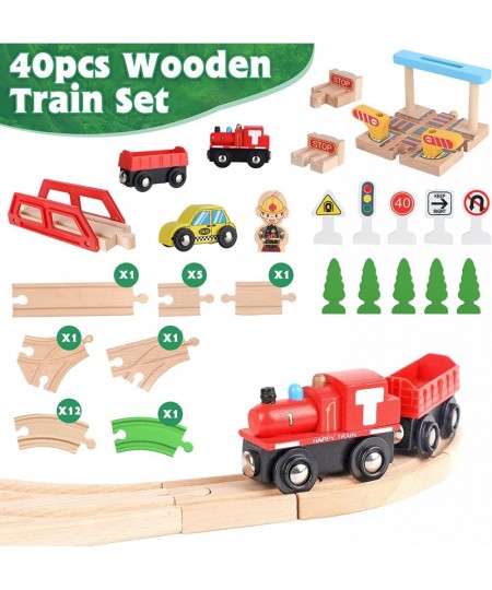 Wooden Train Set 40 PCS Kids Train Set with 3 Cars Wood Train Tracks Toy Fits Thomas Brio Melisa Train Track Set for Toddlers...