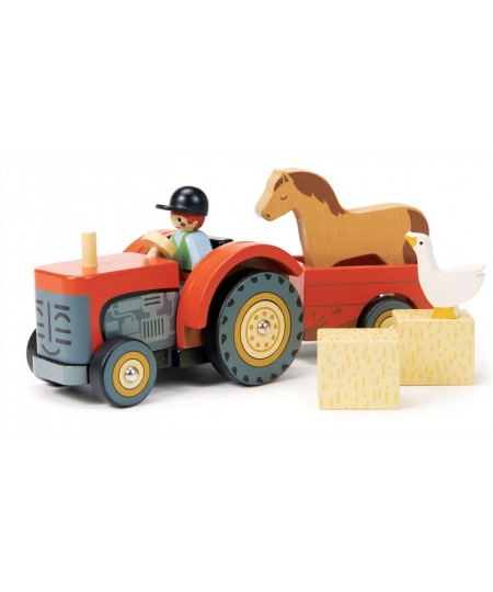 Farmyard Tractor - Wooden Tractor Toy with Removeable Trailer Animals and Accessories - Open-Ended Play Toy Farm Pretend Play...