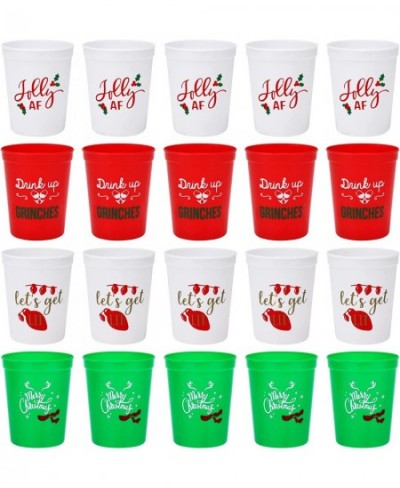 Christmas Plastic Party Cups - Set of 20 White Red and Green 16oz Plastic Holiday Stadium Cups 4 Festive Drinking Pun Designs...