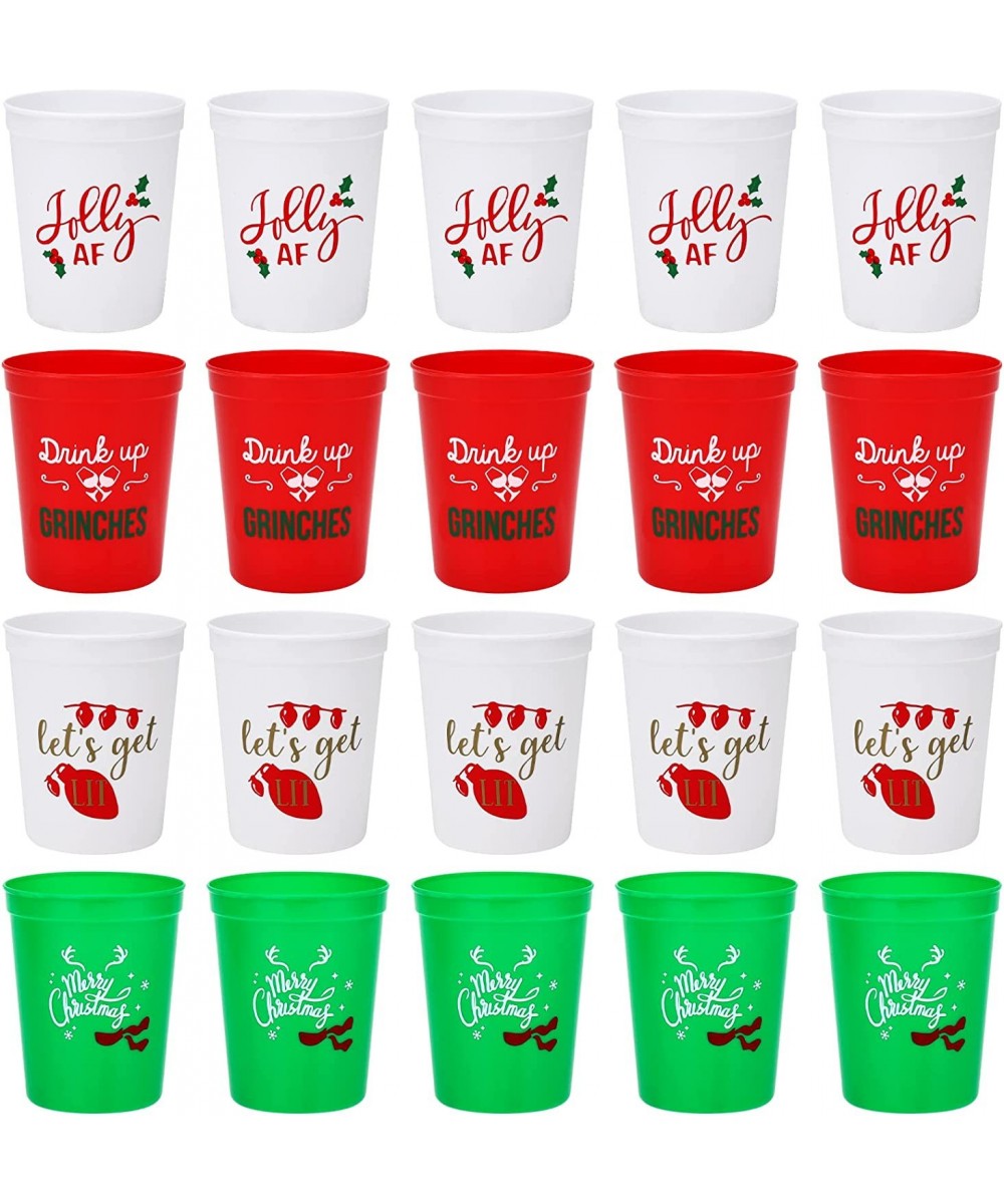 Christmas Plastic Party Cups - Set of 20 White Red and Green 16oz Plastic Holiday Stadium Cups 4 Festive Drinking Pun Designs...