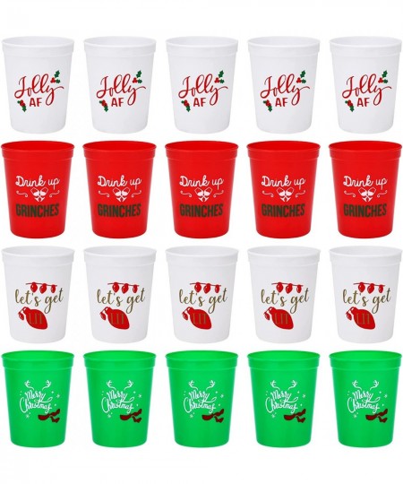 Christmas Plastic Party Cups - Set of 20 White Red and Green 16oz Plastic Holiday Stadium Cups 4 Festive Drinking Pun Designs...