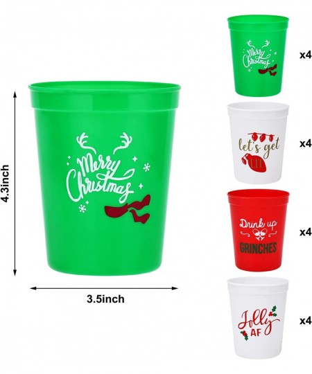 Christmas Plastic Party Cups - Set of 20 White Red and Green 16oz Plastic Holiday Stadium Cups 4 Festive Drinking Pun Designs...