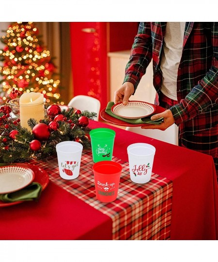 Christmas Plastic Party Cups - Set of 20 White Red and Green 16oz Plastic Holiday Stadium Cups 4 Festive Drinking Pun Designs...