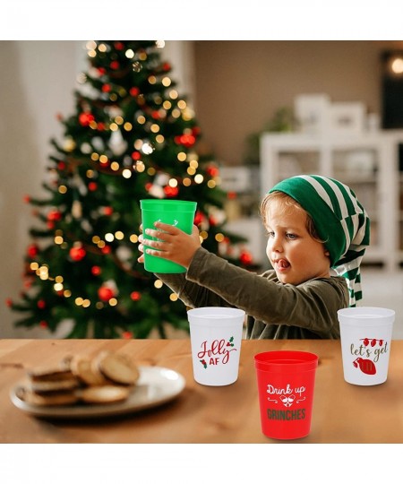 Christmas Plastic Party Cups - Set of 20 White Red and Green 16oz Plastic Holiday Stadium Cups 4 Festive Drinking Pun Designs...