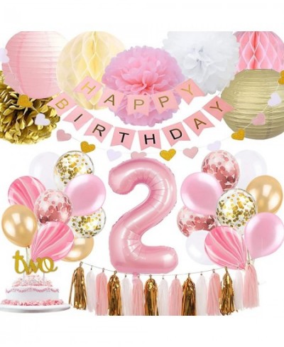 2nd Birthday Girl Decoration Girls Two Birthday Decoration with Happy Birthday Banner Number 2 Balloons for Pink and Gold Par...