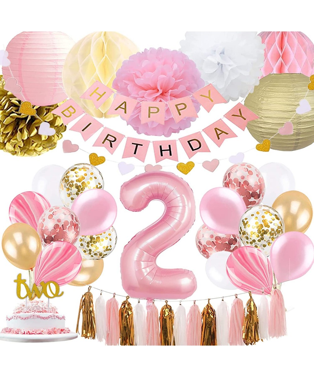 2nd Birthday Girl Decoration Girls Two Birthday Decoration with Happy Birthday Banner Number 2 Balloons for Pink and Gold Par...