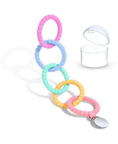 Attachable Silicone Baby Teether Chew Toy with Holder Case BPA Free Freezable Easy to Hold for Boys Girls - 5 Rings (Rainbow ...