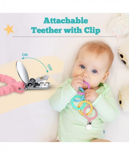 Attachable Silicone Baby Teether Chew Toy with Holder Case BPA Free Freezable Easy to Hold for Boys Girls - 5 Rings (Rainbow ...