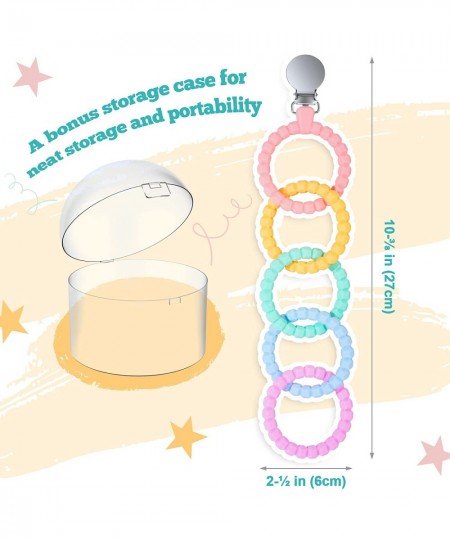 Attachable Silicone Baby Teether Chew Toy with Holder Case BPA Free Freezable Easy to Hold for Boys Girls - 5 Rings (Rainbow ...