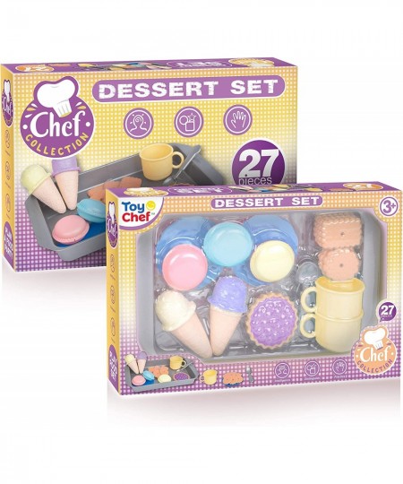 Toddler Food Toys Pretend Playset Colorful Dessert Playset with Realistic Cookies Macarons Pies Cups Ice Cream Spoons and Lar...