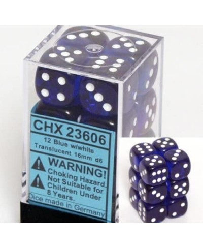 Dice d6 Sets: Blue with White Translucent - 16mm Six Sided Die (12) Block of Dice $14.41 - Game Accessories