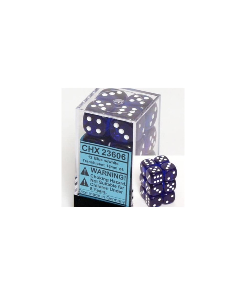 Dice d6 Sets: Blue with White Translucent - 16mm Six Sided Die (12) Block of Dice $14.41 - Game Accessories