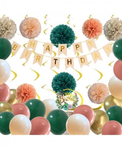 Birthday decorations for Women Girls with Emerald Green Dusty Rose Pink Balloons Rustic Banner and Happy Birthday Floral Cake...