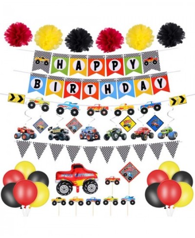 39 Piece Truck Birthday Party Supplies Happy Birthday Banner Truck Banner Triangle Bunting Flags Pom Poms Flowers Hanging Swi...