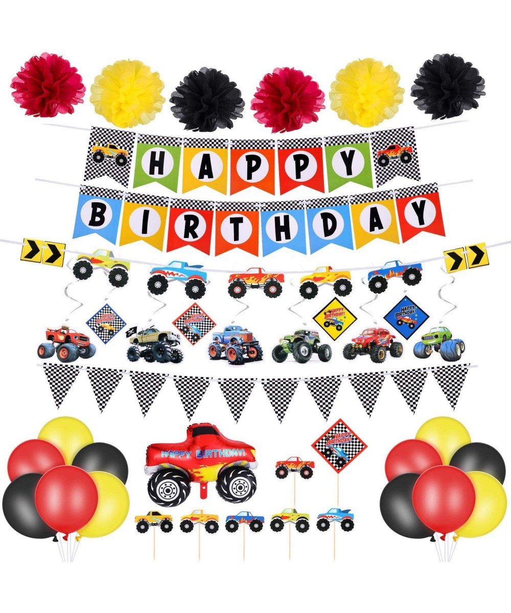 39 Piece Truck Birthday Party Supplies Happy Birthday Banner Truck Banner Triangle Bunting Flags Pom Poms Flowers Hanging Swi...