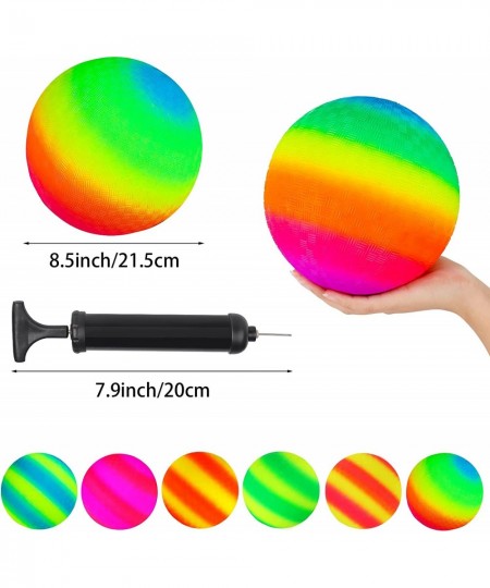 6 Pack 8.5 Inch Playground Balls with Hand Pump and 6 Portable Ball Net Bags Inflatable Rainbow Sports Balls for Kids Toddler...