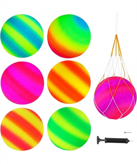 6 Pack 8.5 Inch Playground Balls with Hand Pump and 6 Portable Ball Net Bags Inflatable Rainbow Sports Balls for Kids Toddler...