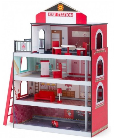 Fireflowery Kids Dollhouse Wooden Fire Station Playset w/ Ladder Fire Truck Rescue Helicopter 10 Play Accessories Cottage Toy...