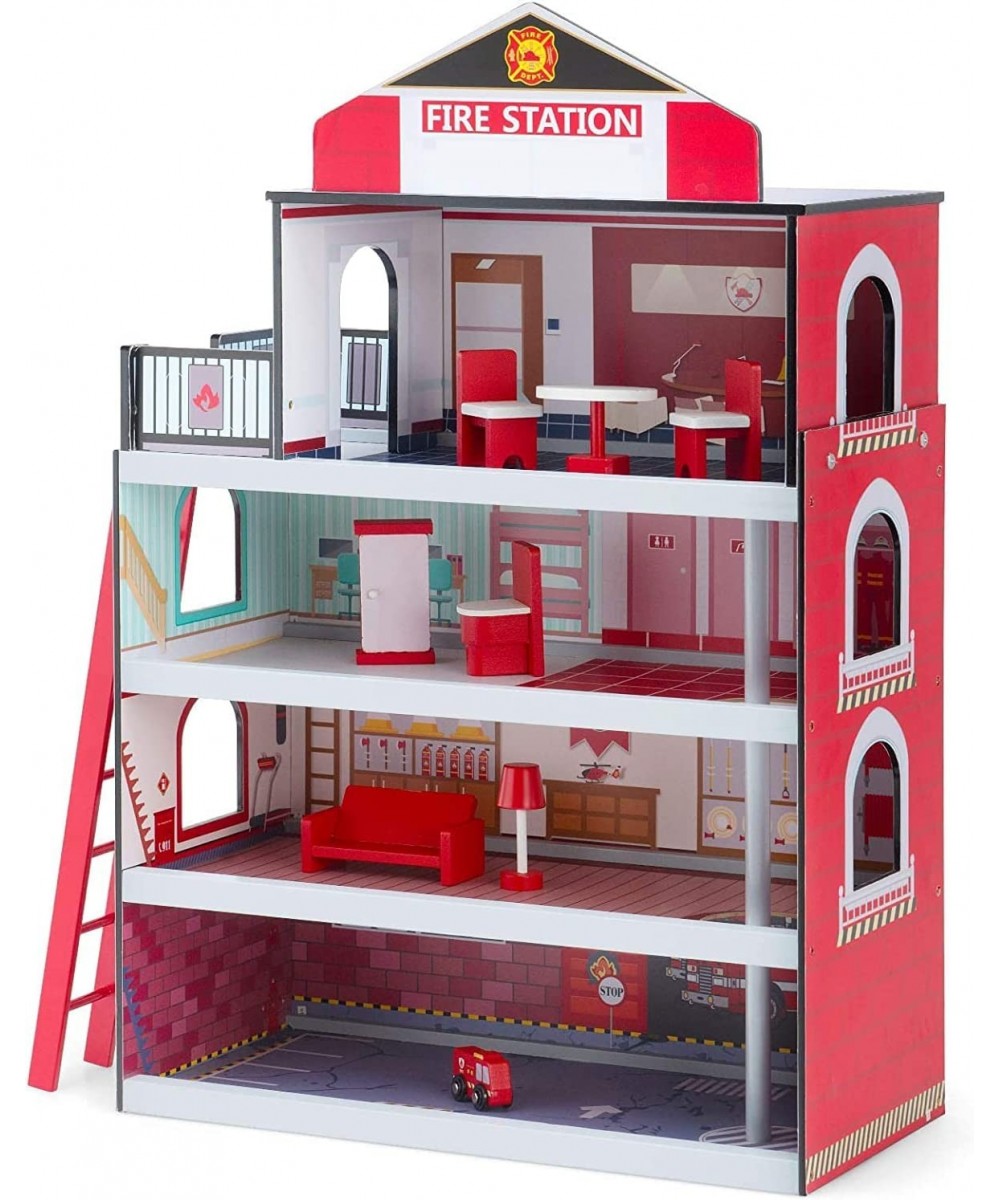 Fireflowery Kids Dollhouse Wooden Fire Station Playset w/ Ladder Fire Truck Rescue Helicopter 10 Play Accessories Cottage Toy...