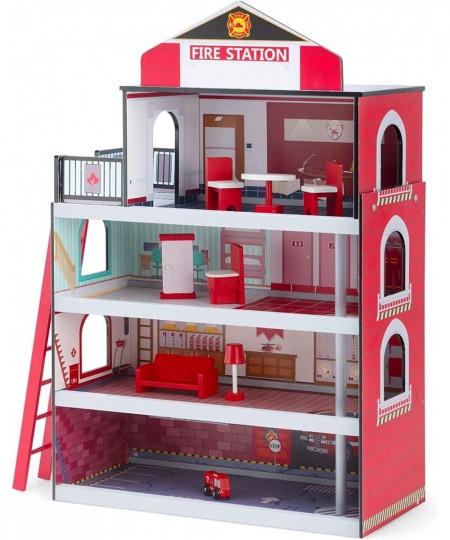 Fireflowery Kids Dollhouse Wooden Fire Station Playset w/ Ladder Fire Truck Rescue Helicopter 10 Play Accessories Cottage Toy...