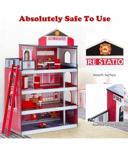 Fireflowery Kids Dollhouse Wooden Fire Station Playset w/ Ladder Fire Truck Rescue Helicopter 10 Play Accessories Cottage Toy...