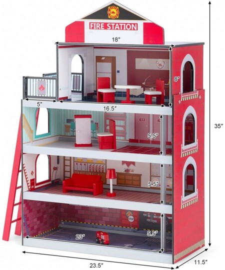 Fireflowery Kids Dollhouse Wooden Fire Station Playset w/ Ladder Fire Truck Rescue Helicopter 10 Play Accessories Cottage Toy...